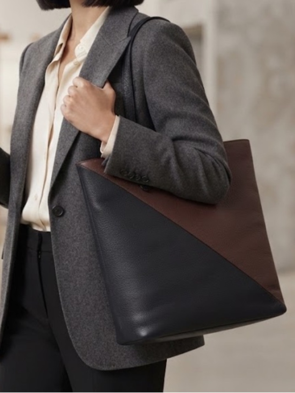 MICHELLE VALE Black/Brown Leather N/S Tote Shoulder Bag